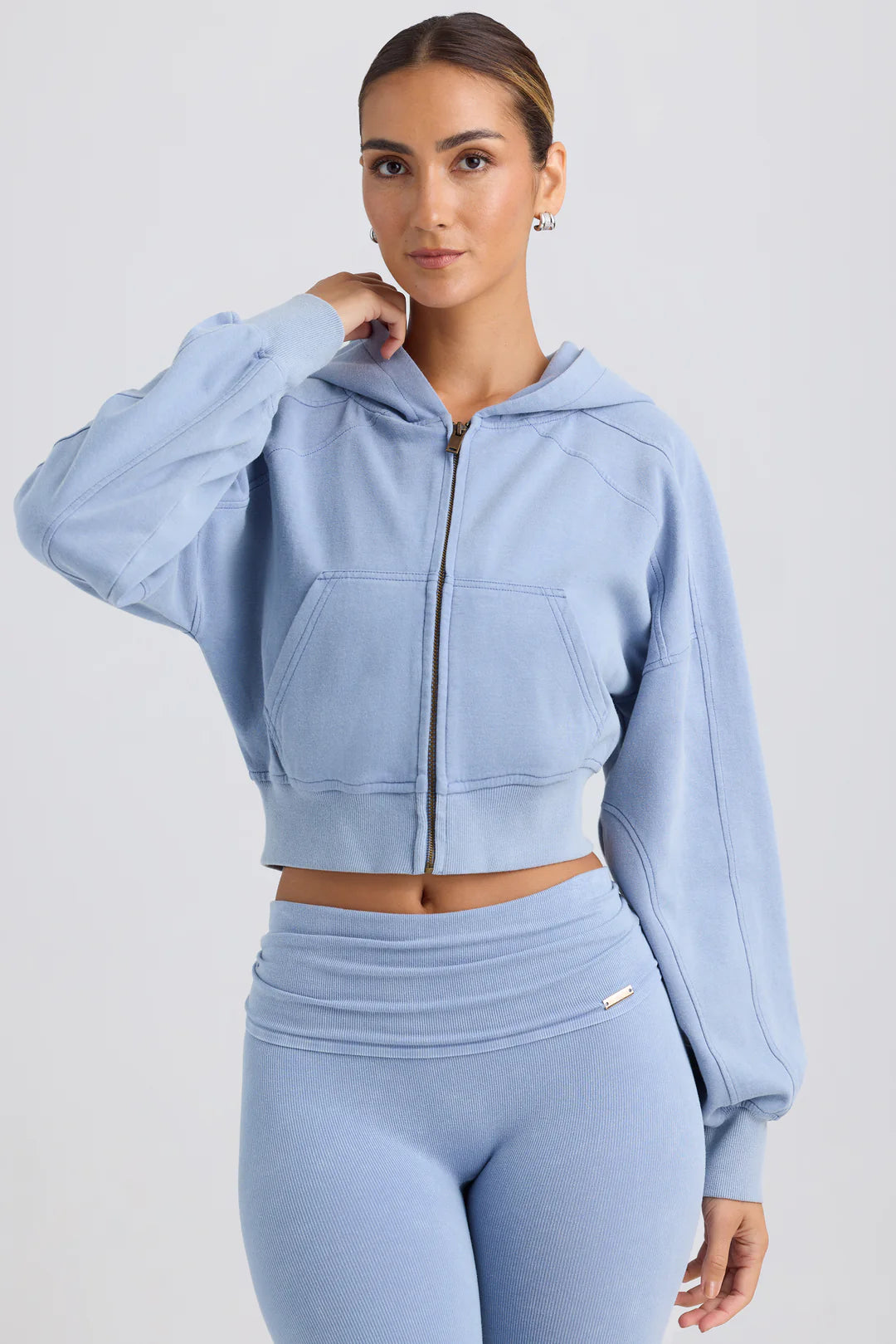 BO&TEE ZIP-UP CROPPED HOODIE WASHED BLUE