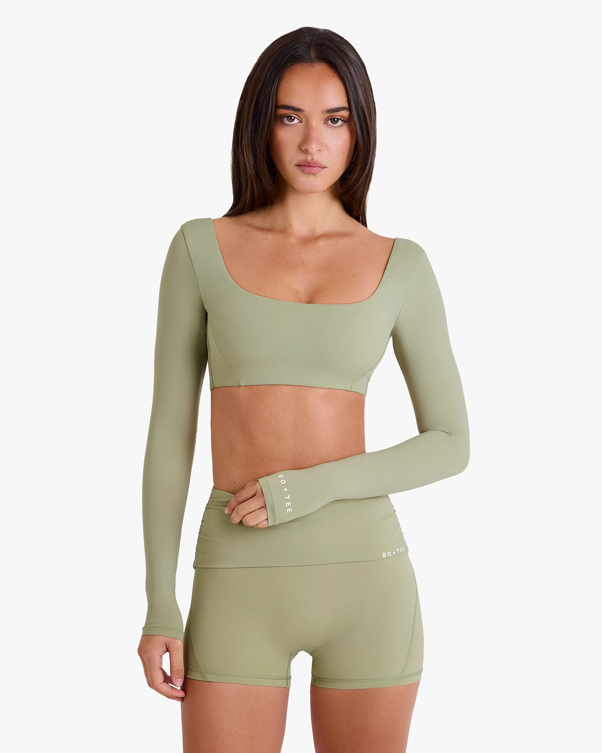 LONG-SLEEVE CROP TOP IN MATCHA